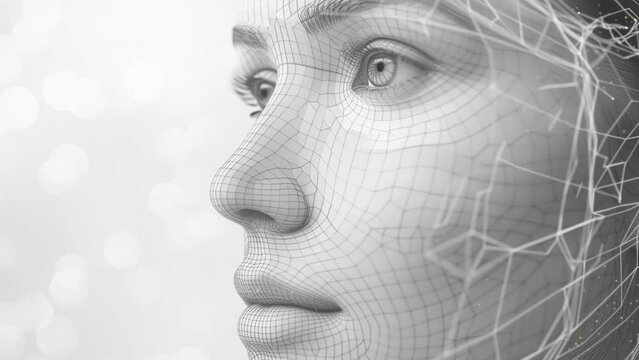 conceptual wireframe mesh woman face. seamless looping overlay 4k virtual video animation background