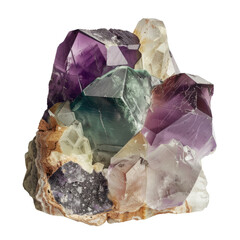 A sizable chunk of raw fluorite complete with calcite nestled among various other stone fragments was showcased at the mineral exhibition against a transparent background