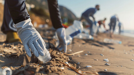 A close-up of a hand picking up waste from the ground, with people cleaning the beach in the background. International coastal cleanup day.