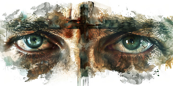 Suffering and Redemption: The Cross and Weeping Eyes - Picture a cross with someone's eyes weeping, illustrating the concept of suffering and redemption in many religious