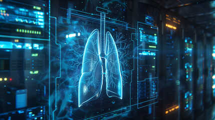 Digital Lungs in Server Room, Healthcare Technology and Innovation Concept - obrazy, fototapety, plakaty