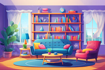 A vibrant living room illustration with a bookshelf, cozy furniture, plants, and city views from the windows. Generative AI