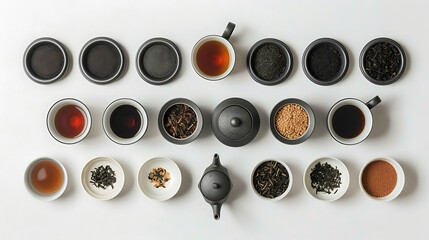 take a  a selection of premium teas arranged on a transparent background, including a black cup, a - obrazy, fototapety, plakaty
