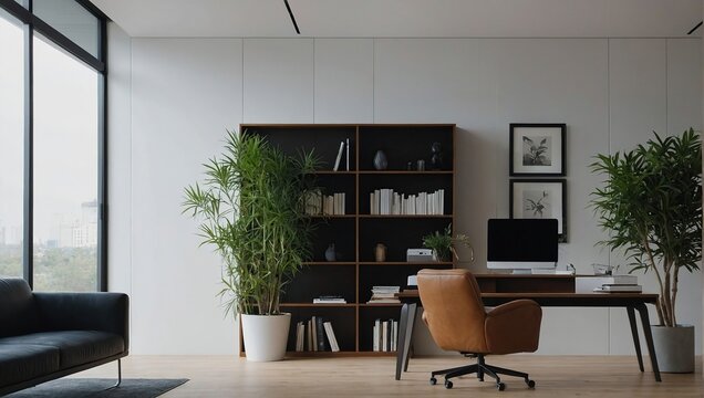 A zoom background photo of a minimalist modern office with a bookshelf and plants