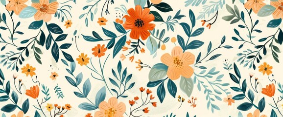 Retro vintage folk art illustration pattern with wildflowers