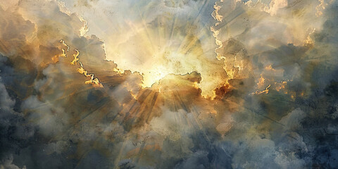 Hope in the Divine: The Cloudy Sky and Breaking Sunlight - Picture a cloudy sky with sunlight breaking through, illustrating the hope and faith that religion can provide during dark times - obrazy, fototapety, plakaty