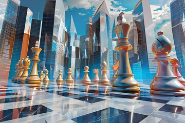 Depict a abstract chessboard where the pieces are towering skyscrapers, showcasing the cutthroat nature of business competition and strategic maneuvers - obrazy, fototapety, plakaty