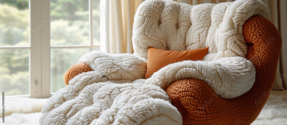 Poster comfortable chair with a cozy blanket and cushions placed in front of a window with a view