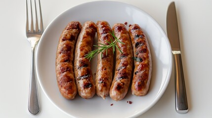 Five delicious grilled sausages over a white dish ready to be eaten from above