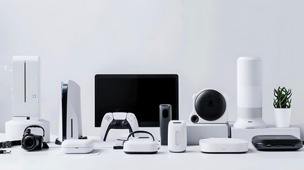 tech essentials including a black headphone, white vase, and green plant displayed on a transparent