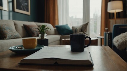 Fototapeta premium Cup of coffee on student's table in living room