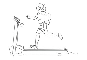 Continuous one line drawing of a woman running on a treadmill. Vector illustration