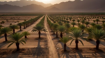 Plantation of date palms panoramic image symbolizing .Generative AI - obrazy, fototapety, plakaty
