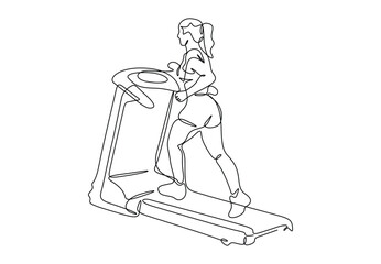 Continuous one line drawing of a woman running on a treadmill. Vector illustration