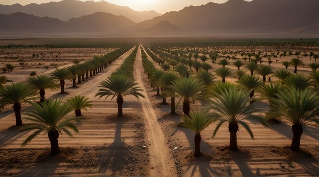 Plantation of date palms panoramic image symbolizing .Generative AI