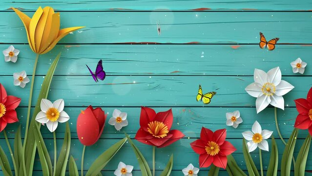 paper cut summer flowers tulip and narcissus on blue wooden background. seamless looping overlay 4k virtual video animation background