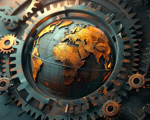 A 3D animated representation of a globe with gears turning and interlocking in harmony,