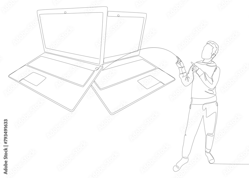 Poster one continuous line of man pointing with finger at laptop. thin line illustration vector concept. co