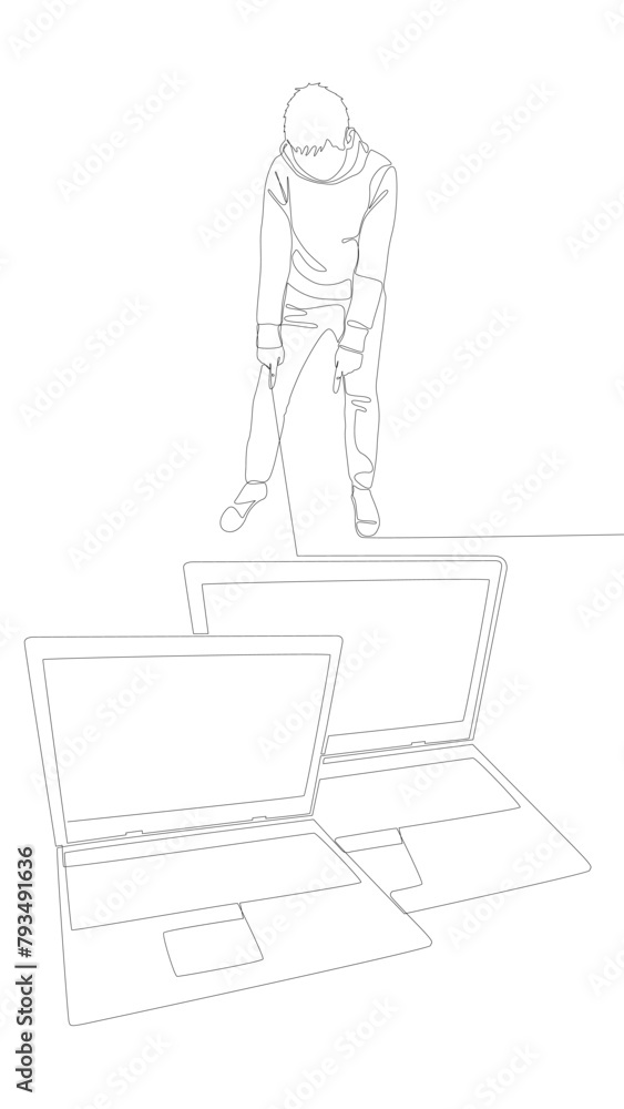 Poster one continuous line of man pointing with finger at laptop. thin line illustration vector concept. co