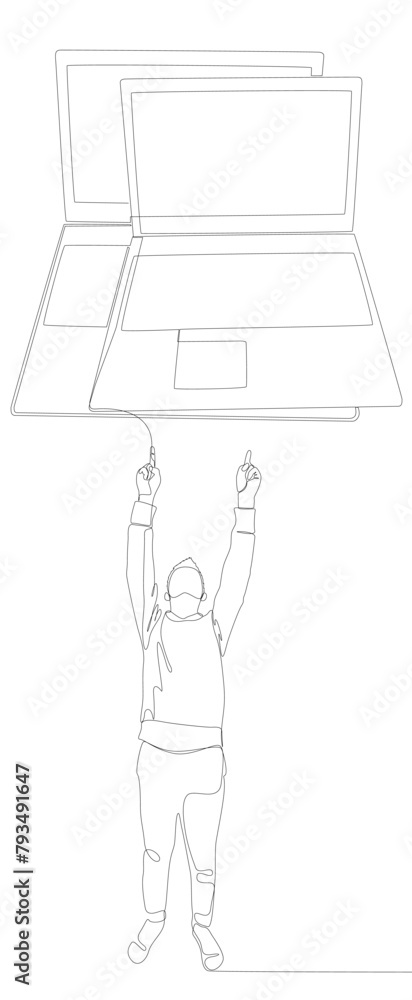 Poster one continuous line of man pointing with finger at laptop. thin line illustration vector concept. co