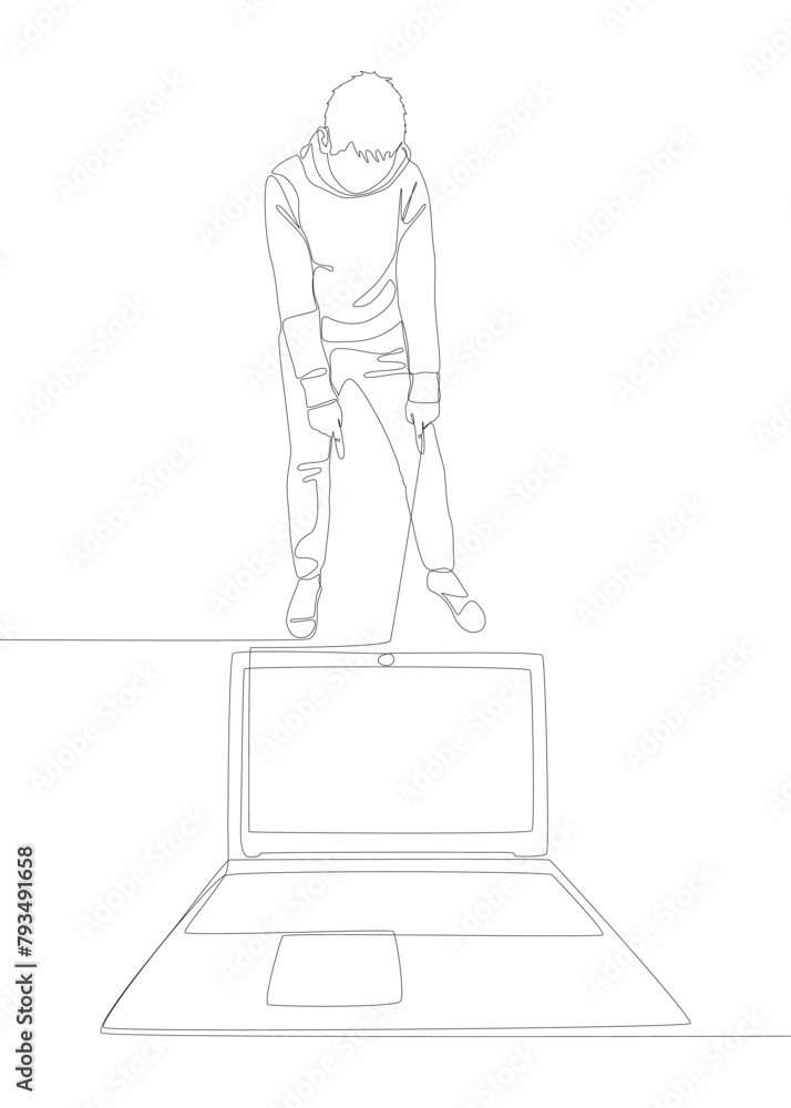 Poster one continuous line of man pointing with finger at laptop. thin line illustration vector concept. co