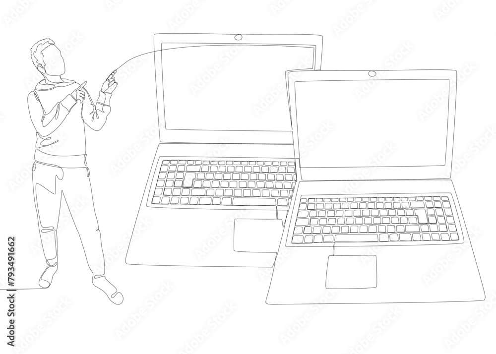 Poster one continuous line of man pointing with finger at laptop. thin line illustration vector concept. co
