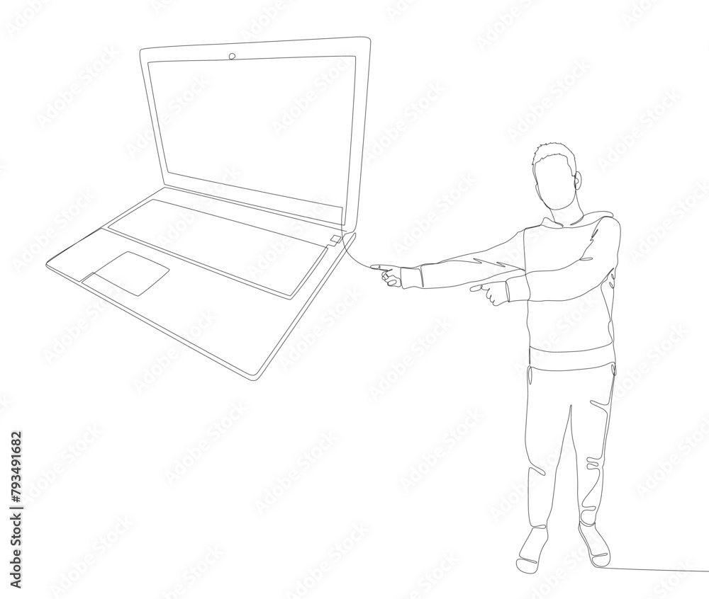 Poster one continuous line of man pointing with finger at laptop. thin line illustration vector concept. co