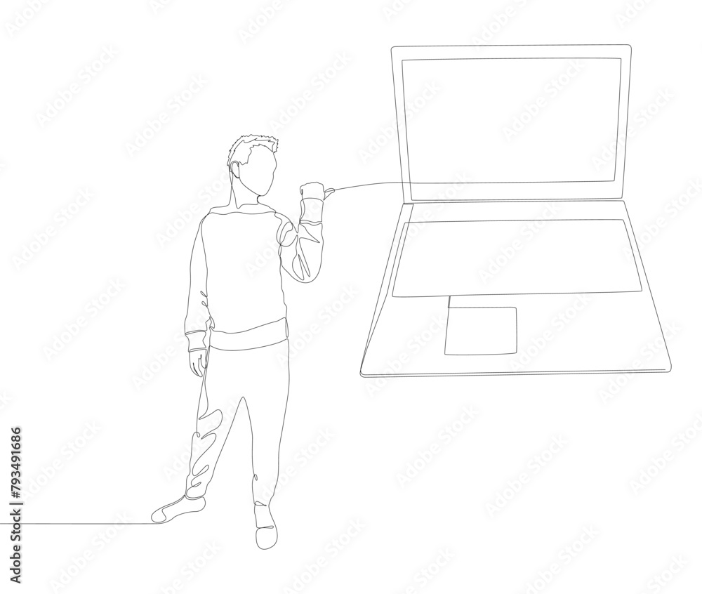 Poster one continuous line of man pointing with finger at laptop. thin line illustration vector concept. co