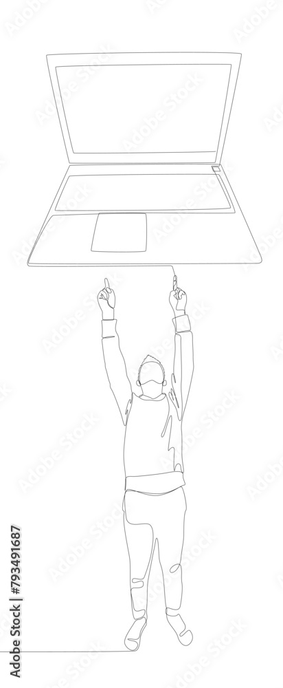 Poster one continuous line of man pointing with finger at laptop. thin line illustration vector concept. co