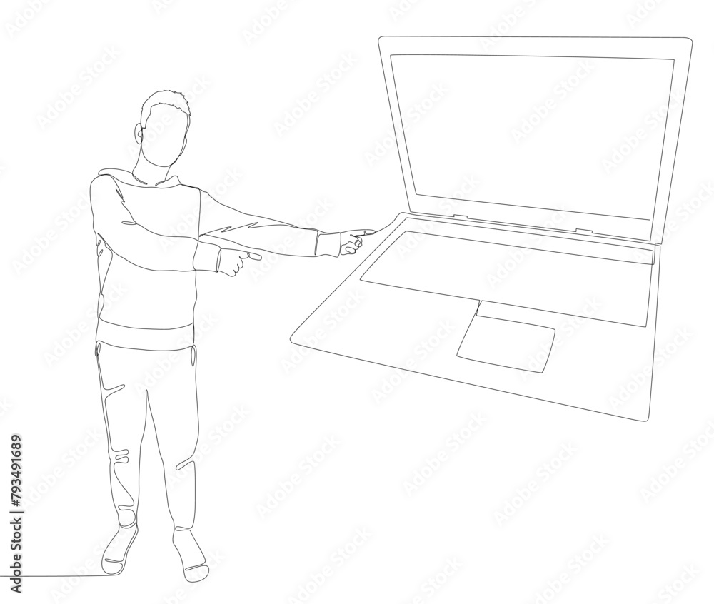 Poster one continuous line of man pointing with finger at laptop. thin line illustration vector concept. co