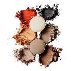 Cosmetic essentials like makeup foundation face powder and eye shadow stand out showcased against a transparent background