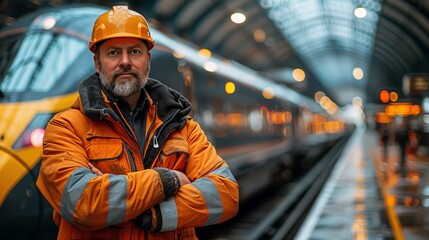 Confident Railway Worker on Train Platform. Confident middle-aged railway worker with arms crossed stands on the platform in front of a high-speed train, portraying professionalism. - obrazy, fototapety, plakaty