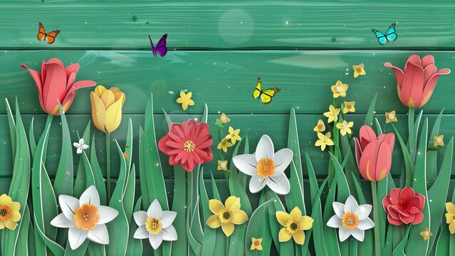 paper cut summer background. flowers tulip and narcissus on green background. seamless looping overlay 4k virtual video animation background