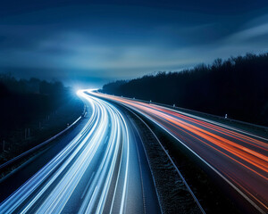 An abstract representation of light trails and vehicles on a night time highway ,