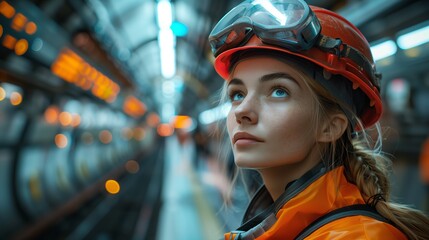 Young Engineer Gazing at Subway Tunnel. Young contemplative female engineer gazes into the distance...