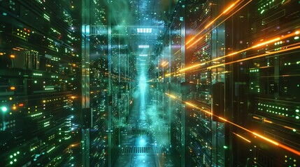 A cramped server room packed with towering racks pulsates with glowing green and orange lines The sheer volume of machines signifies the high demand for computing power in the AI era, pushing server c