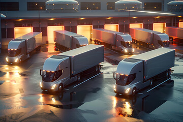 A fleet of electric trucks charges at a futuristic depot, shift towards sustainable transportation in urban logistics.