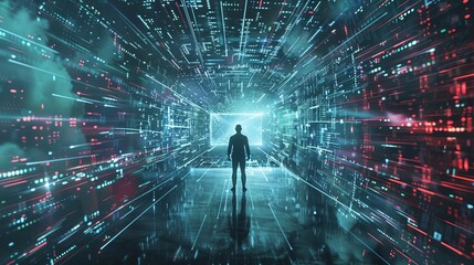 A human figure stands resolute, deflecting a barrage of digital threats The image represents the importance of human ingenuity and vigilance in protecting the digital world