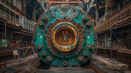 Giant Tunnel Boring Machine in Assembly Facility. Colossal tunnel boring machine component housed within an assembly facility, preparing for subterranean excavation.