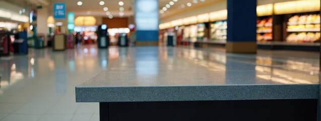 Empty table in front of Shopping mall, department store interior with the supermarket for background banner with copy space, Abstract blurred image