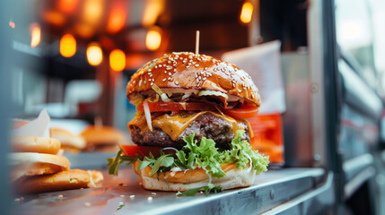 A large burger is placed on the tray at the food truck with a lot of buns behind. Close-up of a burger is topped with lettuce, cheese and fries.