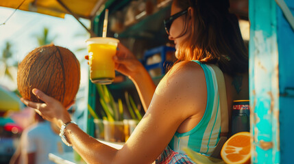 A woman is holding a coconut and a cup of orange juice, standing beside a food truck in tropical beach on summertime.