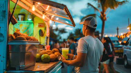 A man wearing a hat is holding a glass of coconut juice in front of a food truck in the evening. A close-up image of a client buying a drink on a blurred background in summertime. - Powered by Adobe