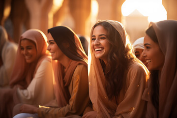 Group of Happy Muslim Women Sitting Together. Cheerful gathering of Muslim women enjoying each other's company, with genuine smiles at sunset.