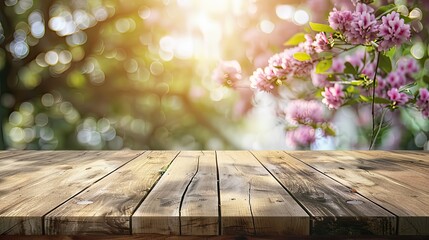 A wooden table with a garden in the background
