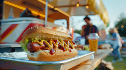 A hot dog is placed on a tray with food truck as a background.