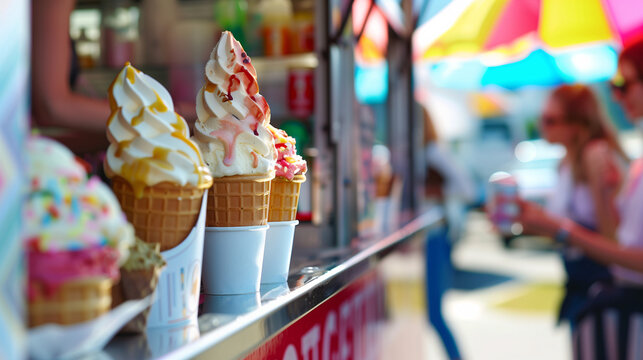 A lot of soft serve ice-cream cones are placed in paper cups at the food truck. Close-up of soft serves are topped with hot fudge, strawberry, caramel.