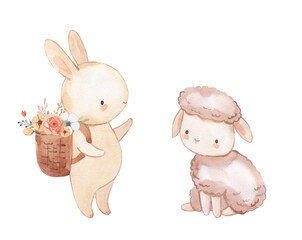 Watercolor bunny and sheep illustration for kids