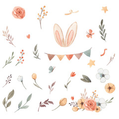 Obraz na płótnie Canvas Watercolor bunny ears and flowers illustration for kids
