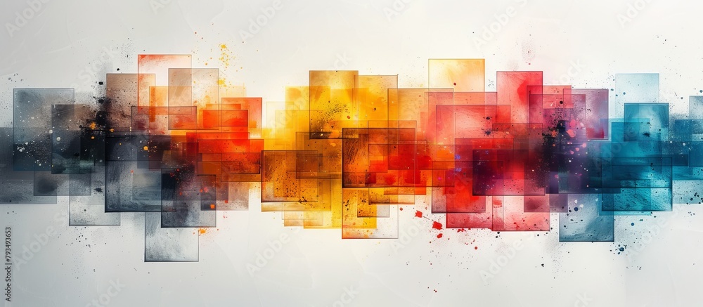 Poster vibrant and abstract painting depicting a cityscape with a variety of colorful squares, creating a l